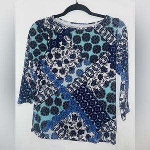 Talbots Shades of Blue Floral Patchwork 1/2 Sleeve Shirt